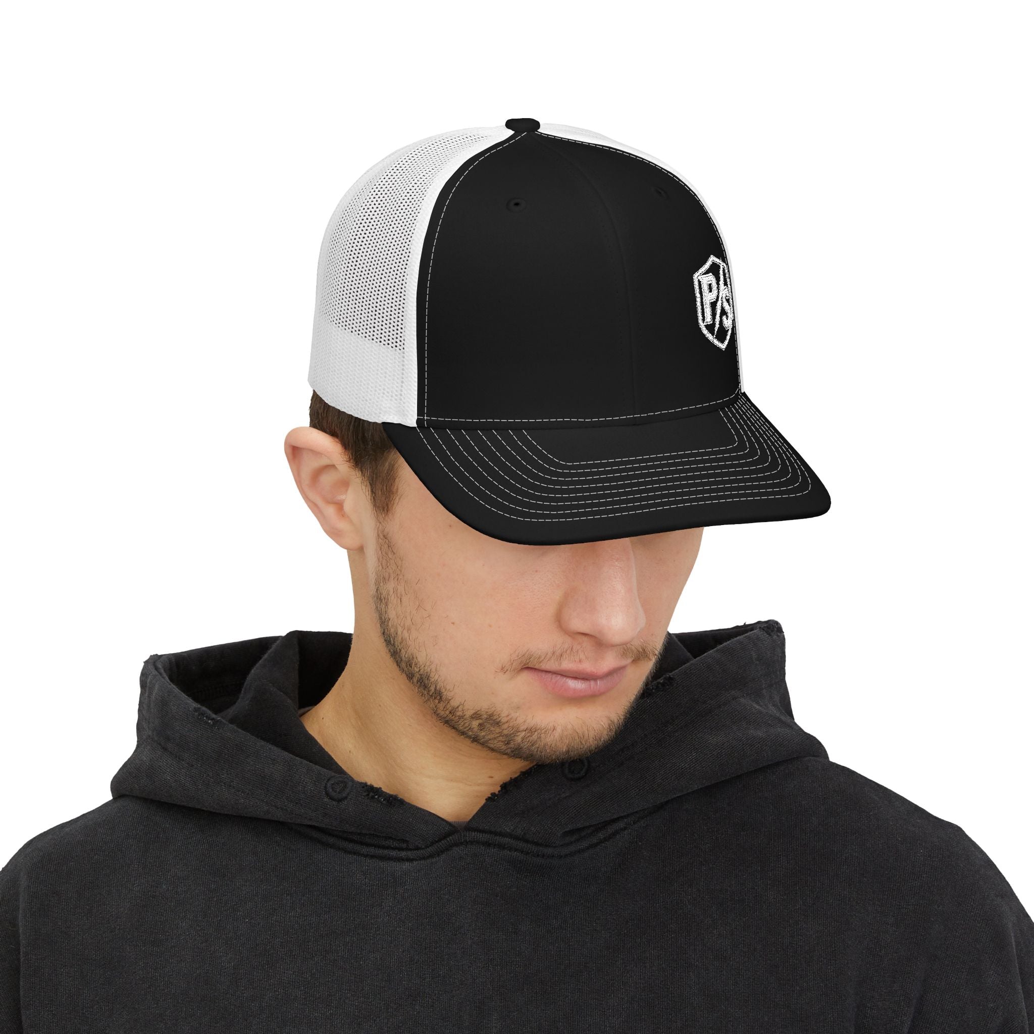 PS Shield Snapback Trucker Cap — Embroidered Logo Mesh Baseball Hat