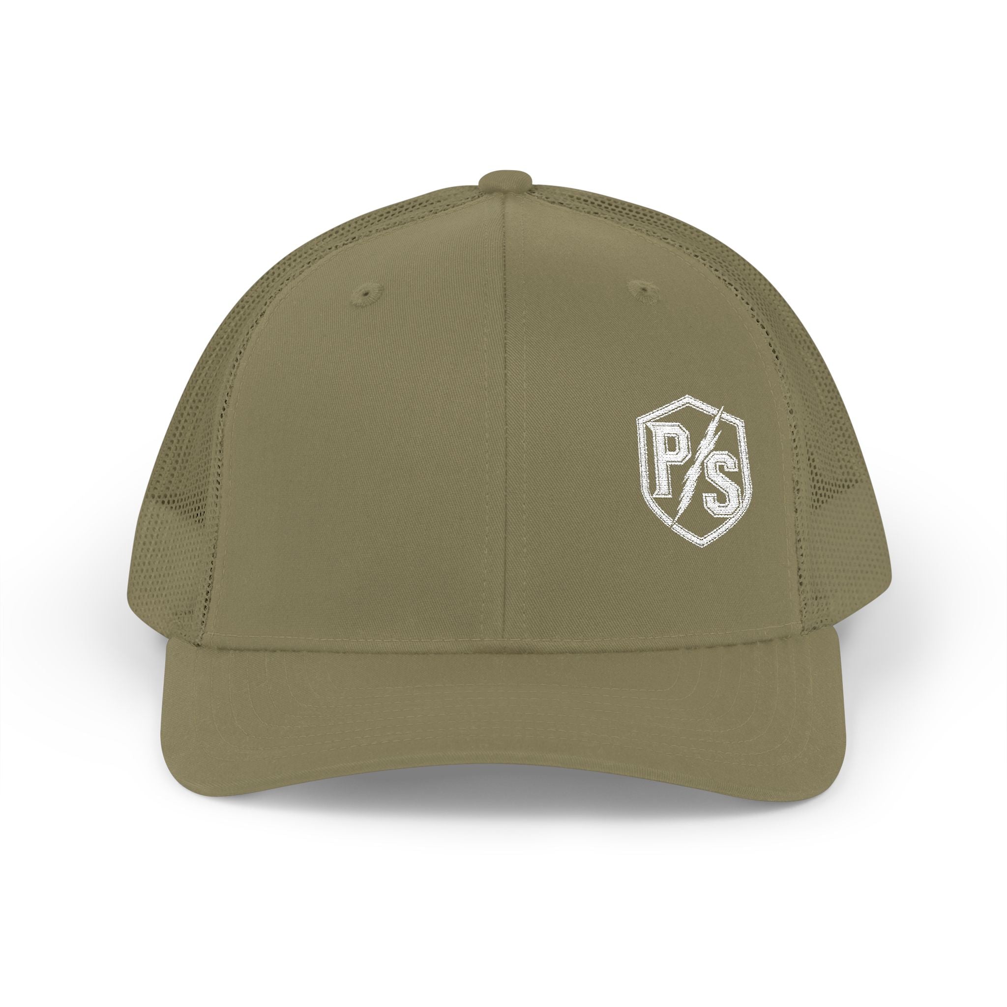 PS Shield Snapback Trucker Cap — Embroidered Logo Mesh Baseball Hat