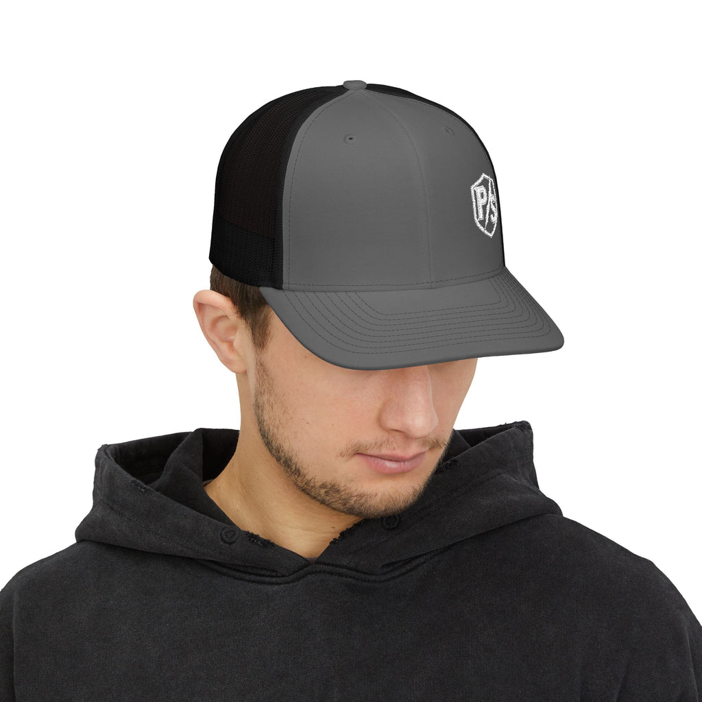 PS Shield Snapback Trucker Cap — Embroidered Logo Mesh Baseball Hat
