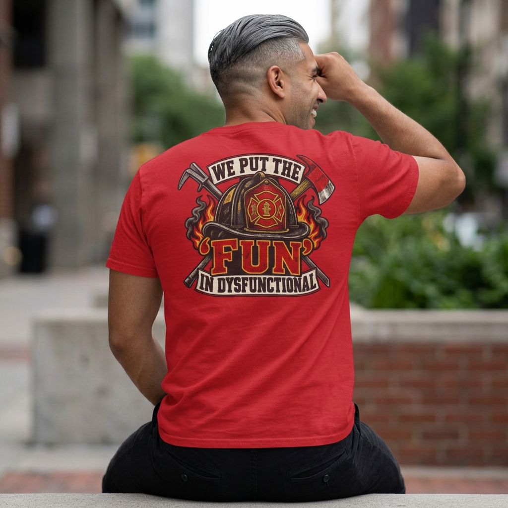 Firefighter T-Shirt — "We Put the Fun in Dysfunctional" Back Graphic