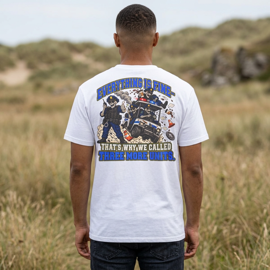 Police Humor T-Shirt — "Everything Is Fine, That's Why We Called Three More Units" Back Graphic