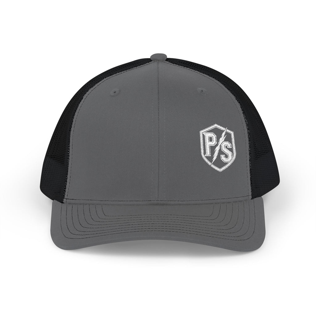 PS Shield Snapback Trucker Cap — Embroidered Logo Mesh Baseball Hat