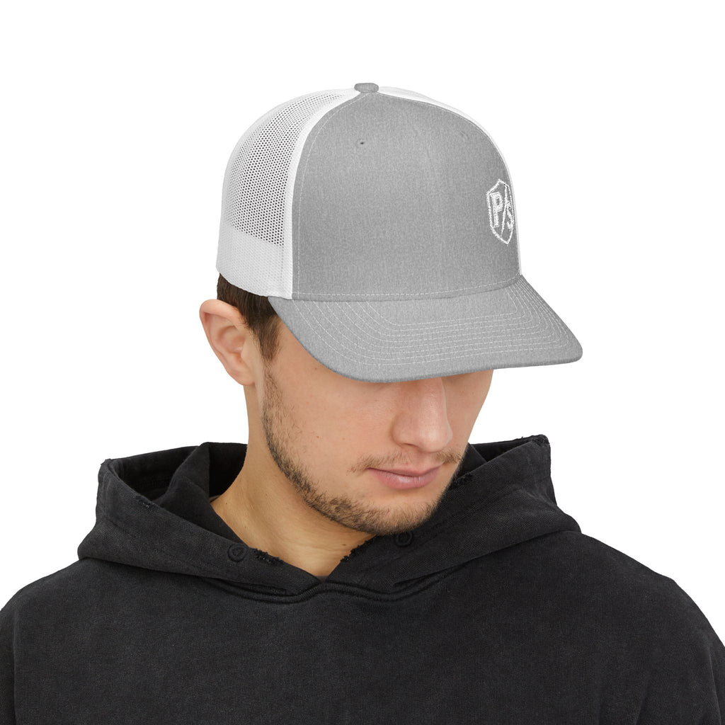 PS Shield Snapback Trucker Cap — Embroidered Logo Mesh Baseball Hat