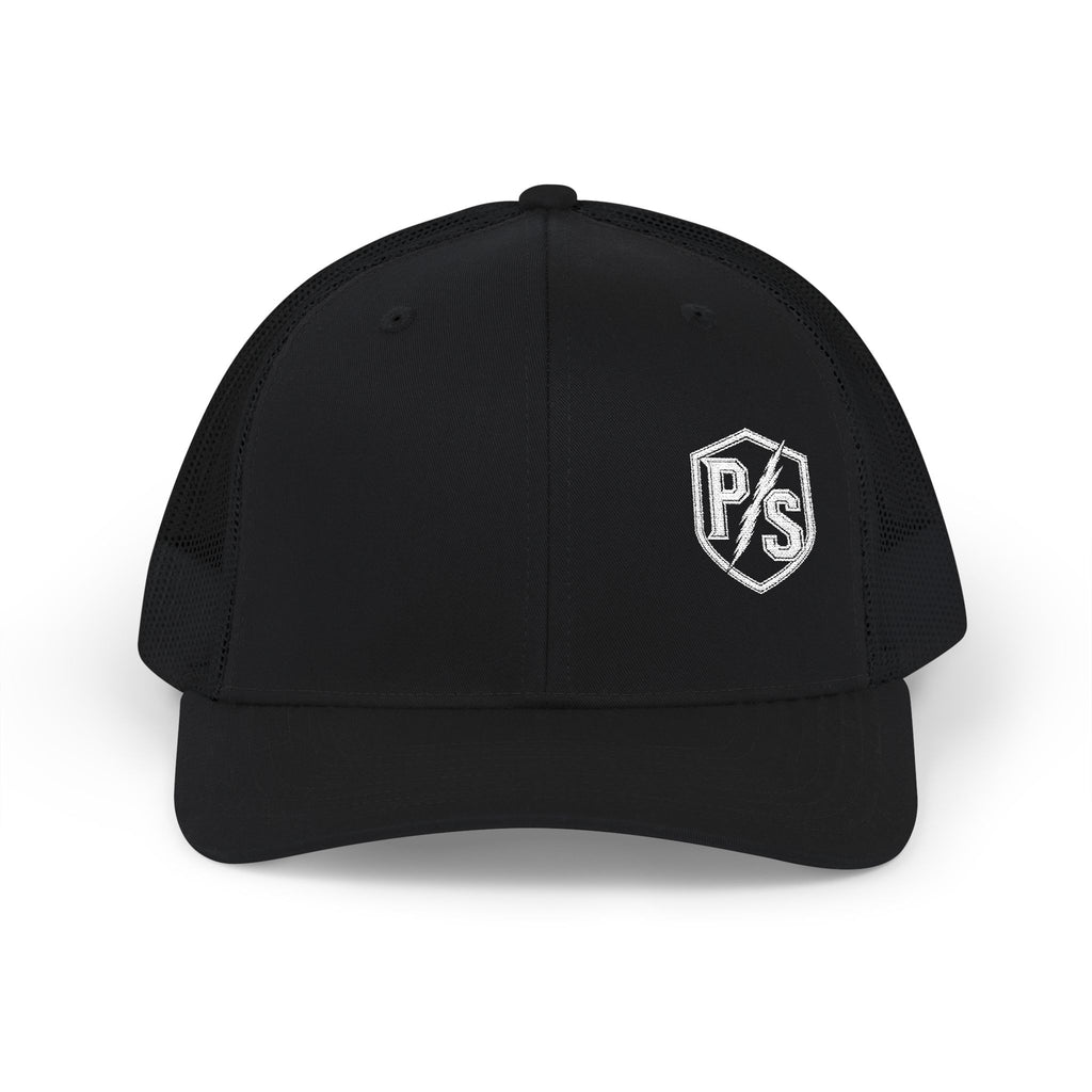PS Shield Snapback Trucker Cap — Embroidered Logo Mesh Baseball Hat