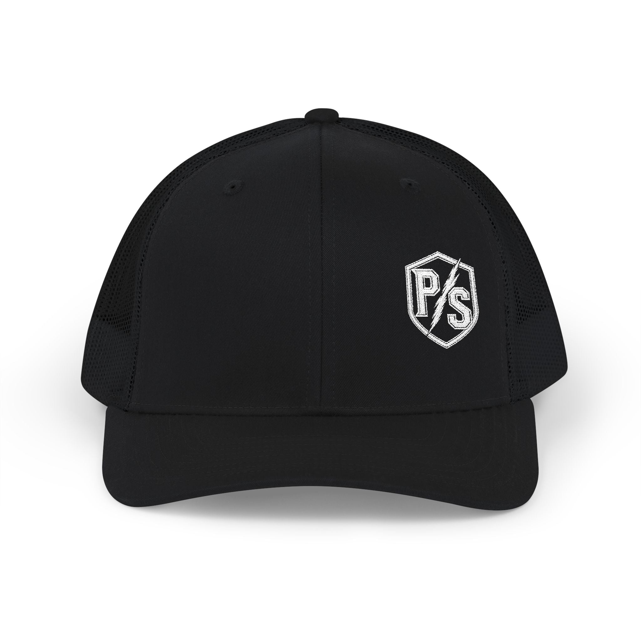PS Shield Snapback Trucker Cap — Embroidered Logo Mesh Baseball Hat