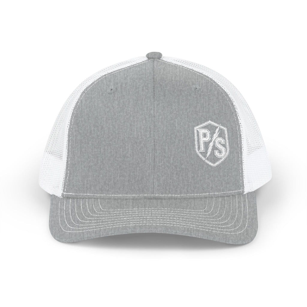 PS Shield Snapback Trucker Cap — Embroidered Logo Mesh Baseball Hat