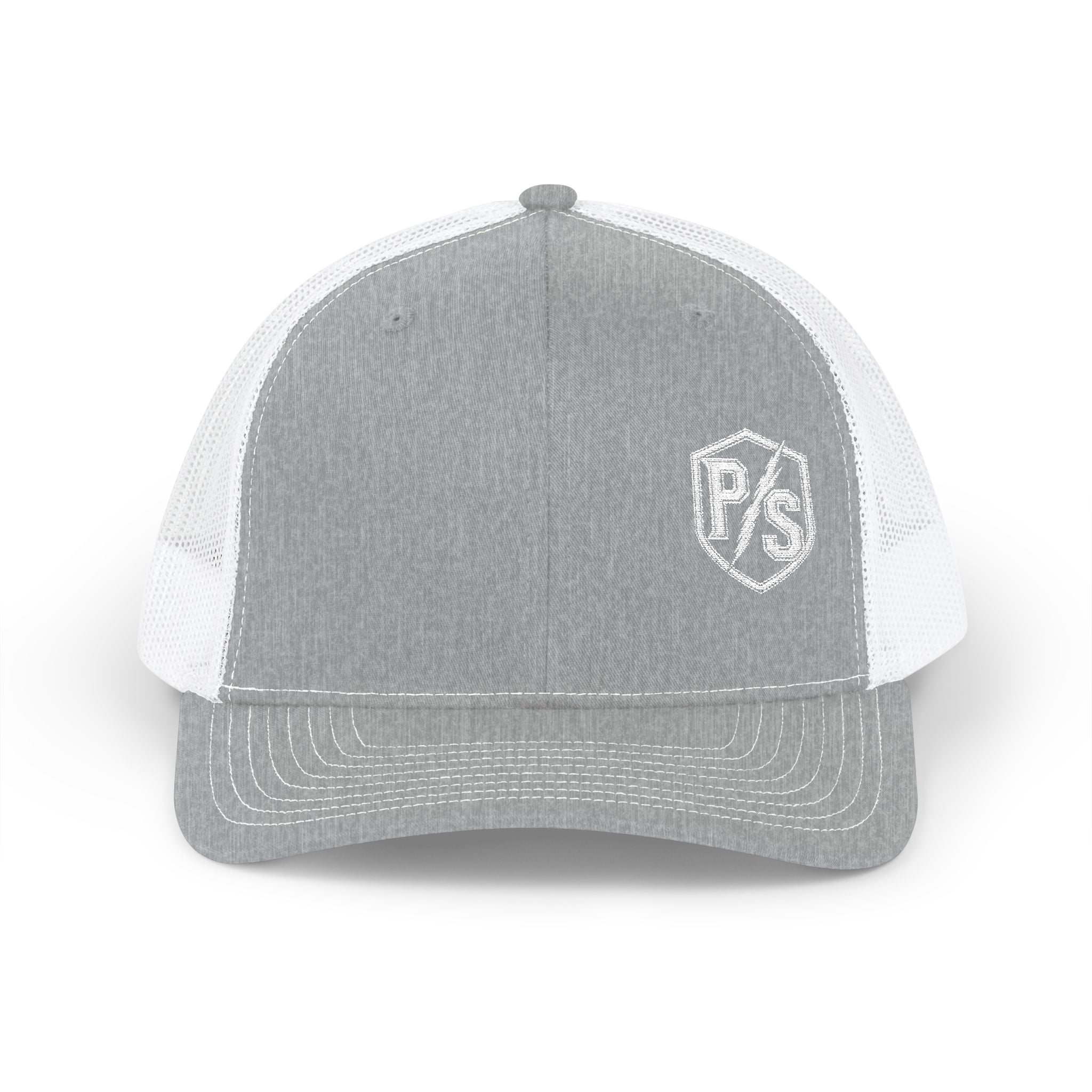 PS Shield Snapback Trucker Cap — Embroidered Logo Mesh Baseball Hat
