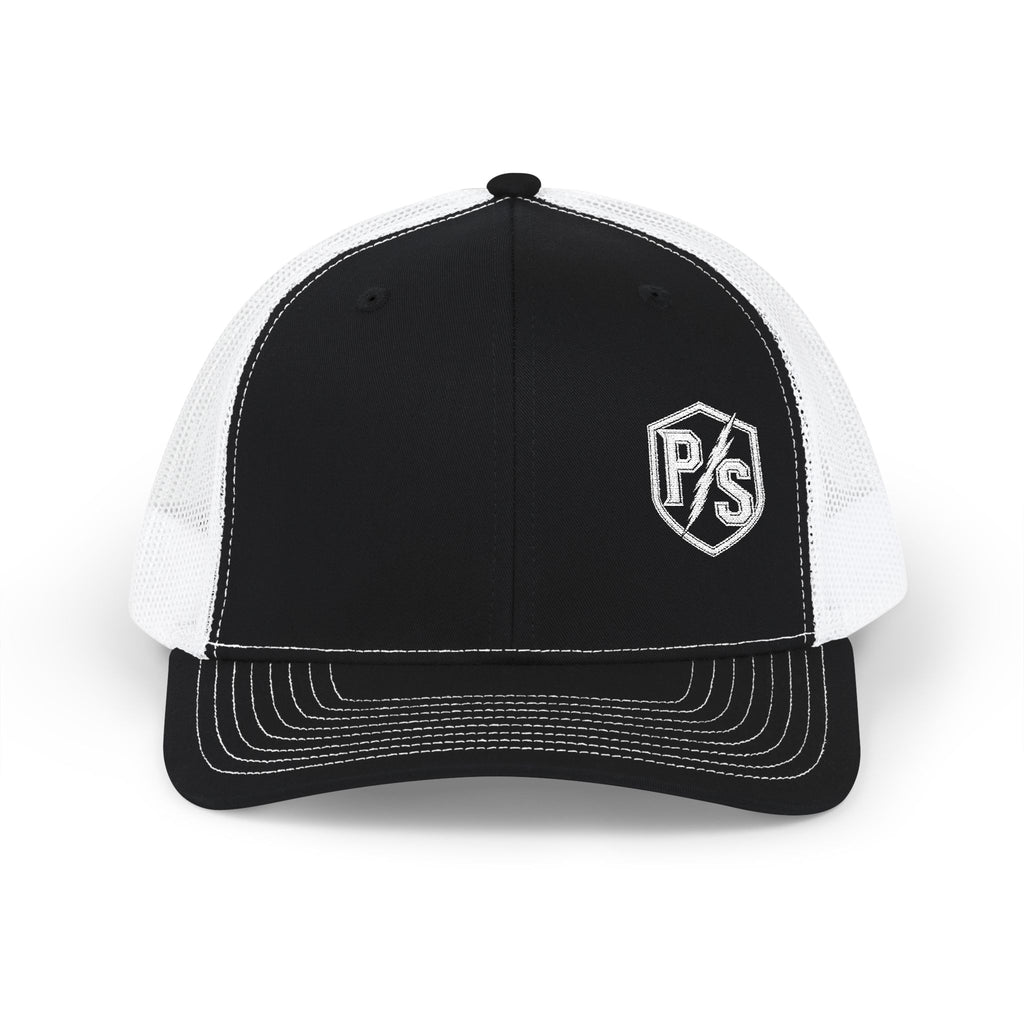 PS Shield Snapback Trucker Cap — Embroidered Logo Mesh Baseball Hat