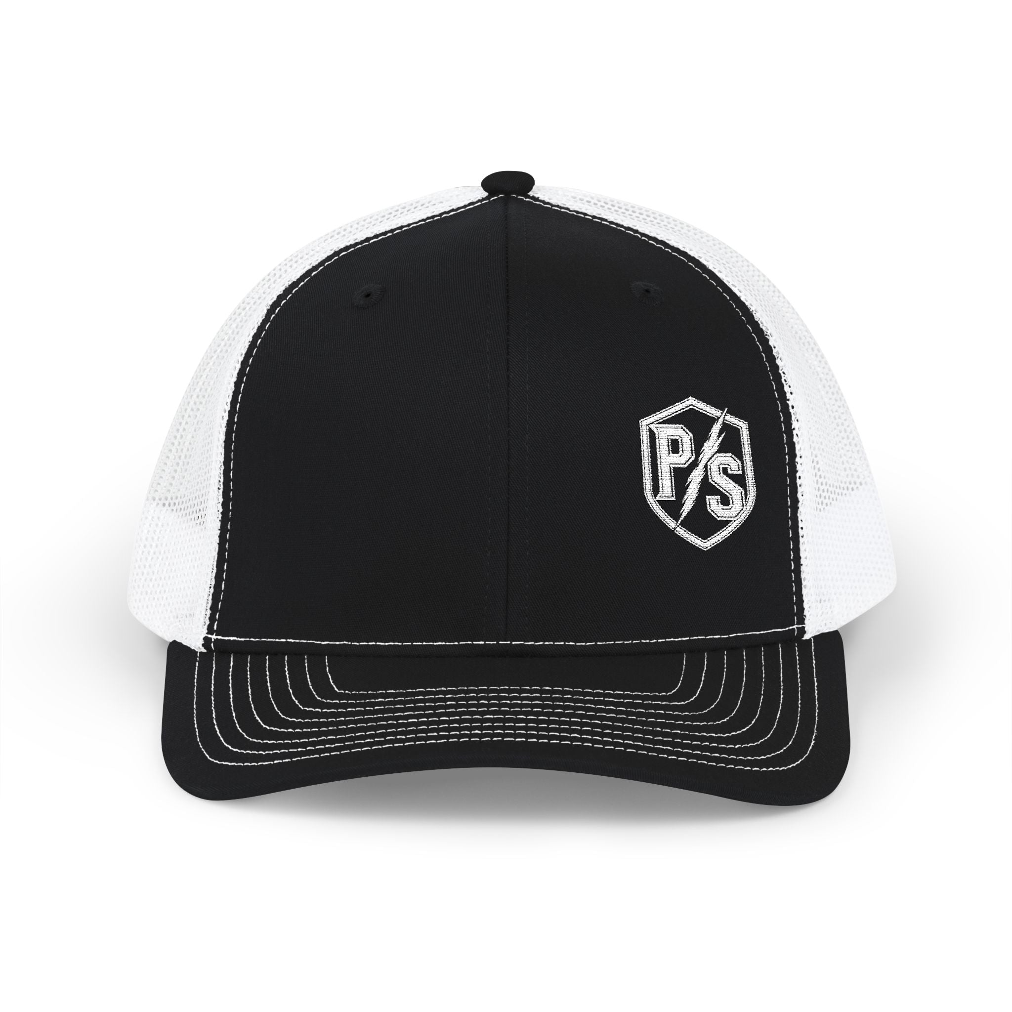 PS Shield Snapback Trucker Cap — Embroidered Logo Mesh Baseball Hat