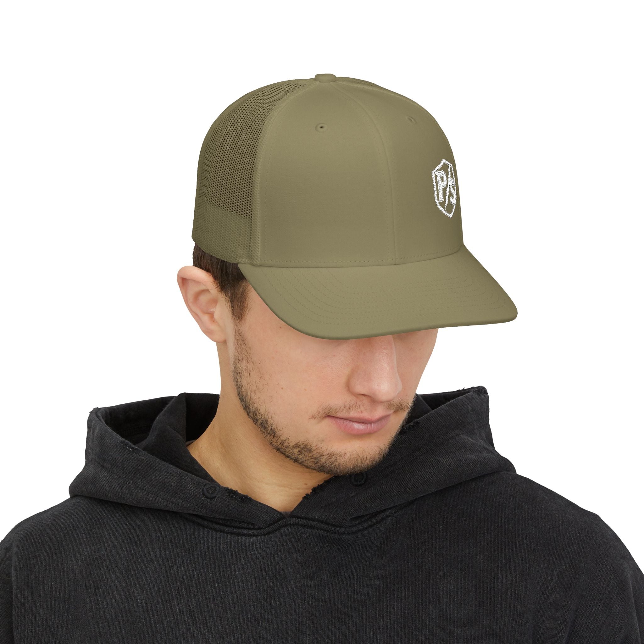 PS Shield Snapback Trucker Cap — Embroidered Logo Mesh Baseball Hat