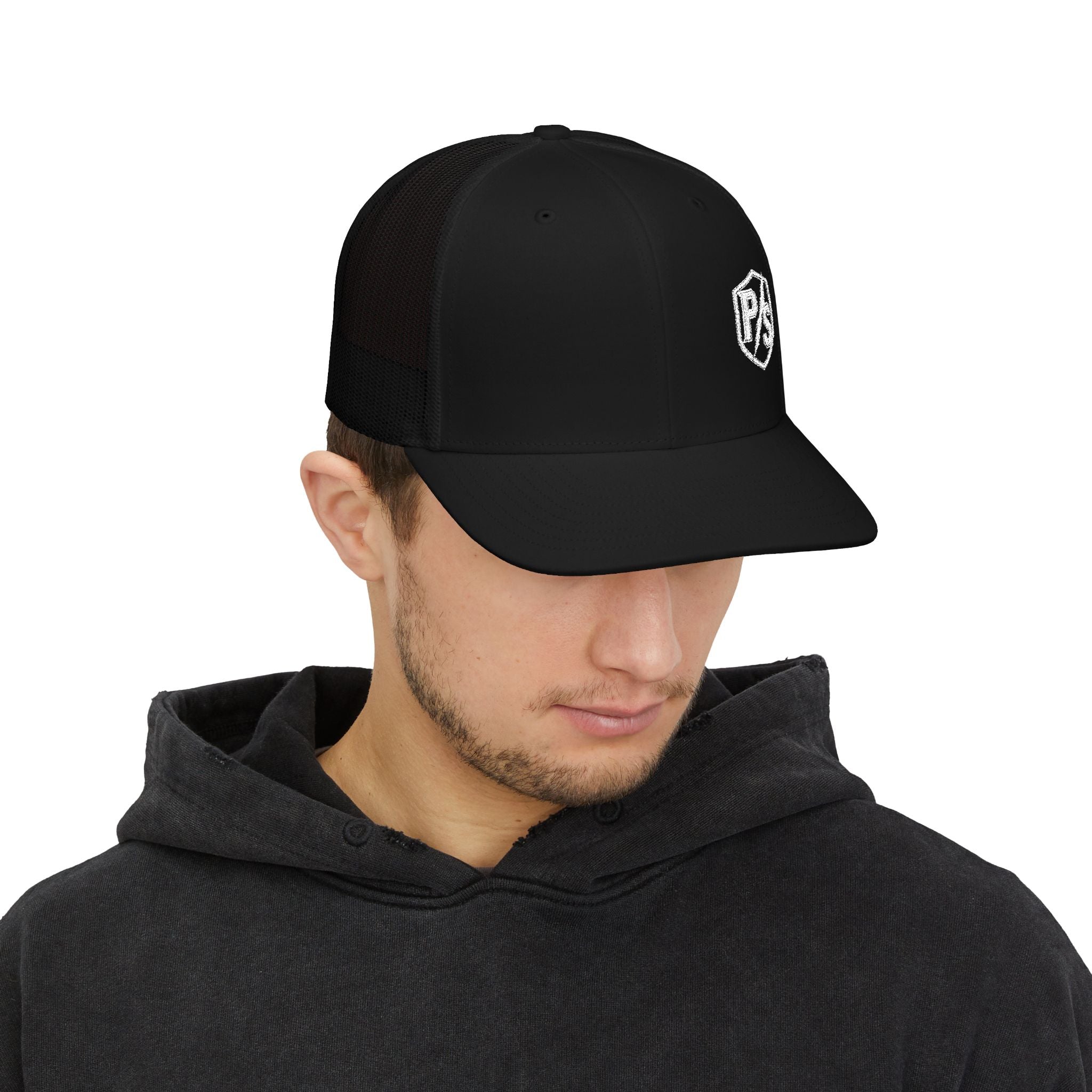 PS Shield Snapback Trucker Cap — Embroidered Logo Mesh Baseball Hat
